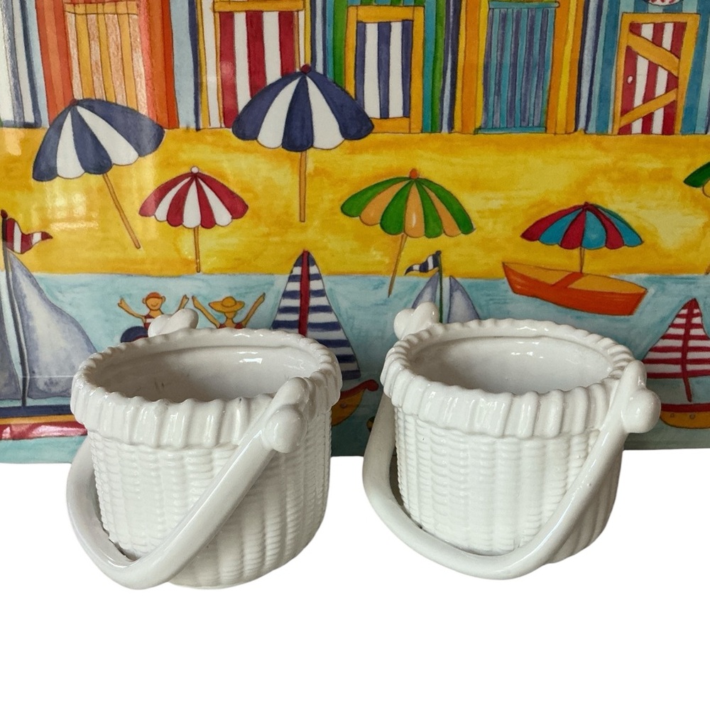 Vintage Nantucket Home Pottery Baskets Pair White Weave Marked